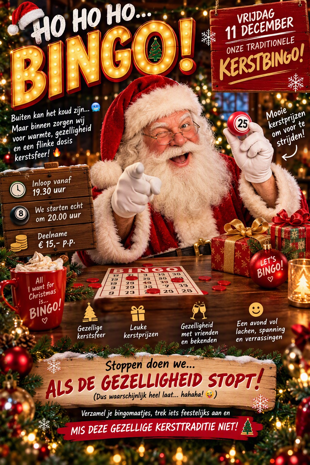 Kerstbingo op vrijdag 11 december 2026: inloop vanaf 19.30 uur, start om 20.00 uur, deelname € 15 per persoon